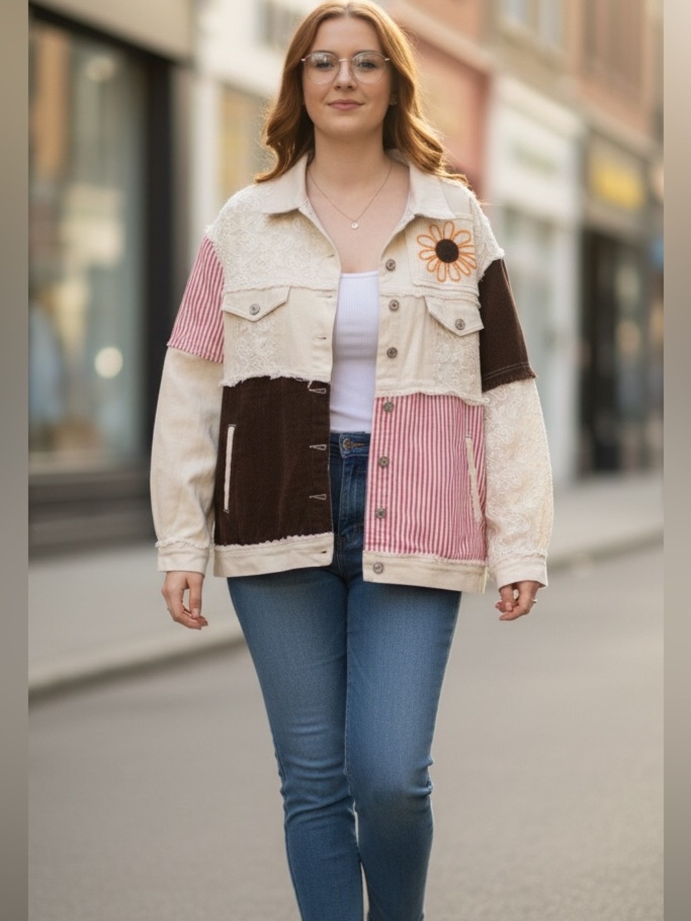POL Cream, Black & Pink Patchwork Embroidered Jean Jacket